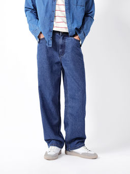 The Bear House - Blue Solid Cotton Oversized Jeans