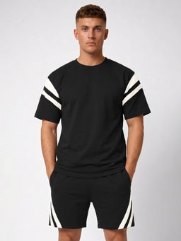 CHKOKKO - Black Colorblock Cotton Blend Regular Fit Co-Ord Set