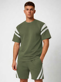 CHKOKKO - Olive Colorblock Cotton Blend Regular Fit Co-Ord Set