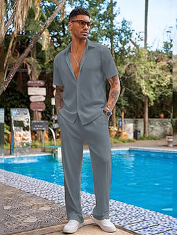 CHKOKKO - Grey Solid Polyester Regular Fit Co-Ord Set