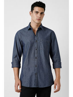 Peter England - Navy Blue Textured Cotton Regular Shirt
