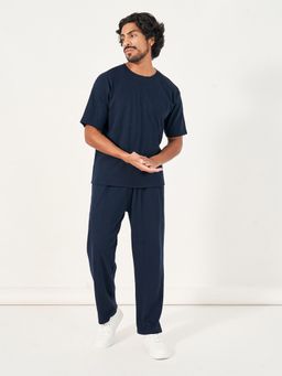 Styli - Men Navy Blue Typographic Print Oversized Co-Ord (Set of 2)