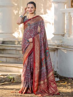 Sareemall - Women's Viscose Silk Maroon Printed Designer Saree with Unstitched Blouse