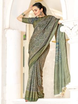 Sareemall - Women's Viscose Silk Olive Printed Designer Saree with Unstitched Blouse