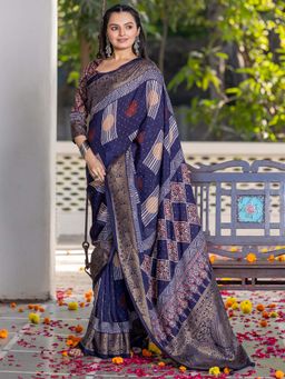 Sareemall - Women's Viscose Silk Navy Blue Printed Designer Saree with Unstitched Blouse