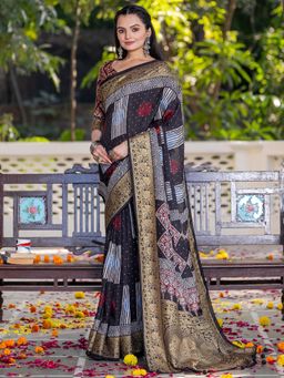 Sareemall - Women's Viscose Silk Black Printed Designer Saree with Unstitched Blouse