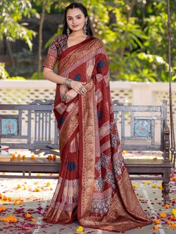 Sareemall - Women's Viscose Silk Maroon Printed Designer Saree with Unstitched Blouse