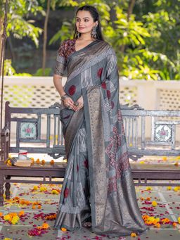 Sareemall - Women's Viscose Silk Grey Printed Designer Saree with Unstitched Blouse