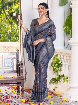 Sareemall - Women's Viscose Silk Grey Printed Designer Saree with Unstitched Blouse