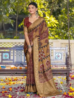 Sareemall - Women's Viscose Silk Brown Printed Designer Saree with Unstitched Blouse