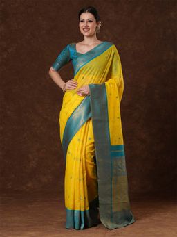 Sareemall - Women's Cotton Blend Yellow Woven Saree with Unstitched Blouse