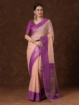 Sareemall - Women's Cotton Blend Peach Woven Saree with Unstitched Blouse