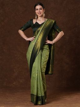 Sareemall - Women's Cotton Blend Light Green Woven Saree with Unstitched Blouse