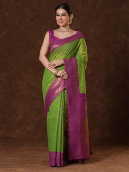 Sareemall - Women's Cotton Blend Green Woven Saree with Unstitched Blouse