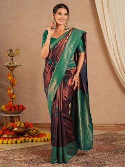 Sareemall - Women's Banarasi Silk Brown Woven Saree with Unstitched Blouse