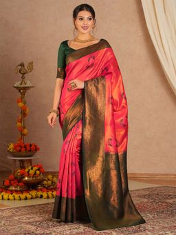 Sareemall - Women's Banarasi Silk Pink Woven Saree with Unstitched Blouse