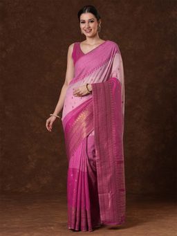 Sareemall - Women's Cotton Blend Pink Woven Saree with Unstitched Blouse