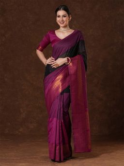 Sareemall - Women's Cotton Blend Pink Woven Saree with Unstitched Blouse