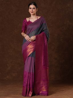Sareemall - Women's Cotton Blend Magenta Woven Saree with Unstitched Blouse