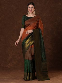 Sareemall - Women's Cotton Blend Green Woven Saree with Unstitched Blouse