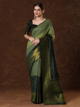Sareemall - Women's Cotton Blend Dark Green Woven Saree with Unstitched Blouse