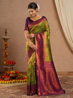 Sareemall - Women's Banarasi Silk Green Woven Saree with Unstitched Blouse