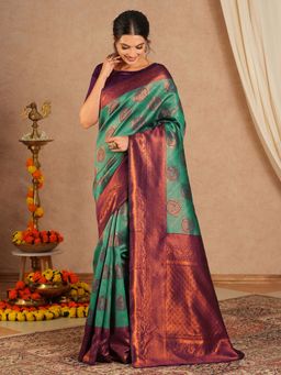 Sareemall - Women's Banarasi Silk Turquoise Woven Saree with Unstitched Blouse
