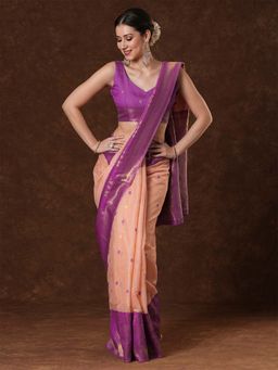 Sareemall - Women's Cotton Blend Peach Woven Saree with Unstitched Blouse