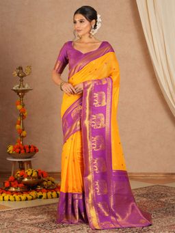 Sareemall - Women's Cotton Blend Yellow Woven Saree with Unstitched Blouse