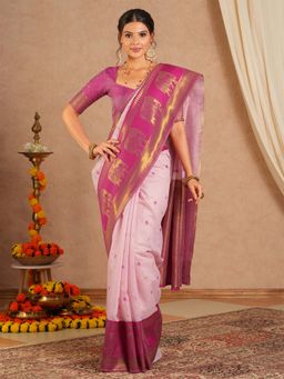 Sareemall - Women's Cotton Blend Pink Woven Saree with Unstitched Blouse