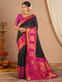 Sareemall - Women's Cotton Blend Black Woven Saree with Unstitched Blouse