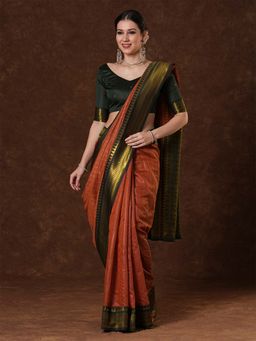 Sareemall - Women's Cotton Blend Brown Woven Saree with Unstitched Blouse