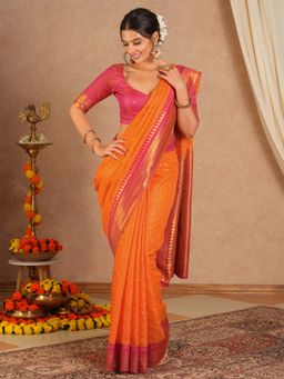 Sareemall - Women's Cotton Blend Orange Woven Saree with Unstitched Blouse