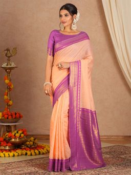 Sareemall - Women's Cotton Blend Peach Woven Saree with Unstitched Blouse