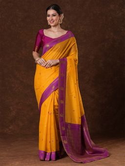 Sareemall - Women's Cotton Blend Yellow Woven Saree with Unstitched Blouse