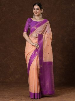 Sareemall - Women's Cotton Blend Peach Woven Saree with Unstitched Blouse