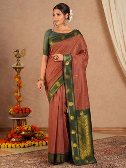 Sareemall - Women's Cotton Blend Brown Woven Saree with Unstitched Blouse