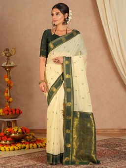 Sareemall - Women's Cotton Blend Off White Woven Saree with Unstitched Blouse