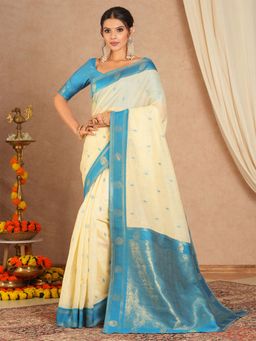 Sareemall - Women's Cotton Blend Cream Woven Saree with Unstitched Blouse