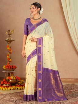 Sareemall - Women's Cotton Blend Purple Woven Saree with Unstitched Blouse