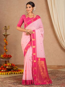 Sareemall - Women's Cotton Blend Pink Woven Saree with Unstitched Blouse