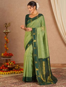 Sareemall - Women's Cotton Blend Green Woven Saree with Unstitched Blouse