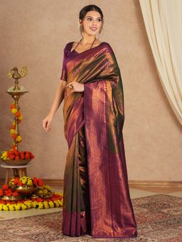Sareemall - Women's Banarasi Silk Olive Woven Saree with Unstitched Blouse
