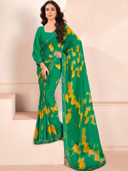 Sareemall - Women's Georgette Green Printed Designer Saree with Unstitched Blouse