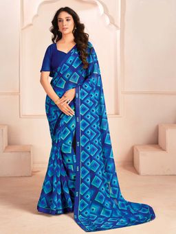 Sareemall - Women's Georgette Navy Blue Printed Designer Saree with Unstitched Blouse