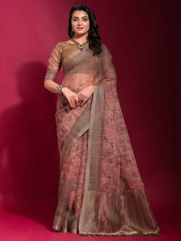 Sareemall - Women's Linen Blend Brown Designer Saree with Unstitched Blouse