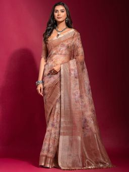 Sareemall - Women's Linen Blend Brown Designer Saree with Unstitched Blouse