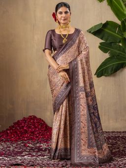 Sareemall - Women's Pashmina Silk Peach Printed Designer Saree with Unstitched Blouse