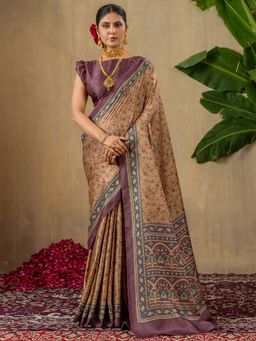 Sareemall - Women's Pashmina Silk Brown Printed Designer Saree with Unstitched Blouse