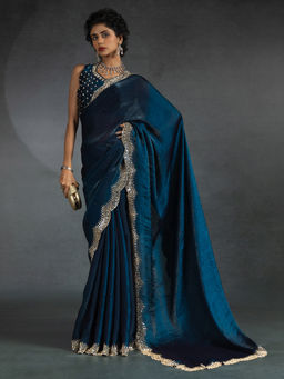 Sareemall - Women's Satin Silk Dark Blue Embellished Designer Saree with Unstitched Blouse